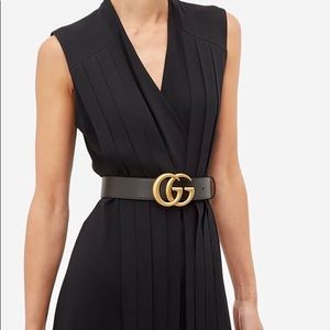 Women’s Black Leather Belt with Brass Metal Buckle- Faux GC